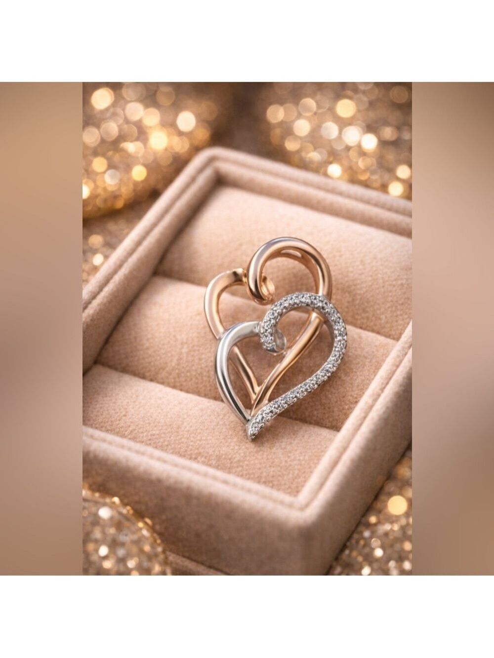 Vintage Two-Tone Interlocking Hearts 💞 Pendant Sterling Silver & Real Diamonds